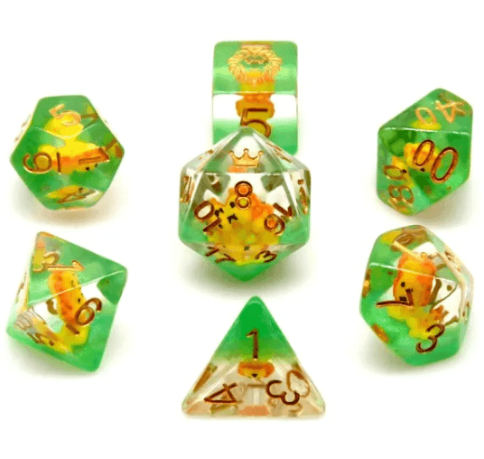 Lion Dice Clear & Green 7-Dice Set DND RPG Dice Gold Ink Crown Inclusion -