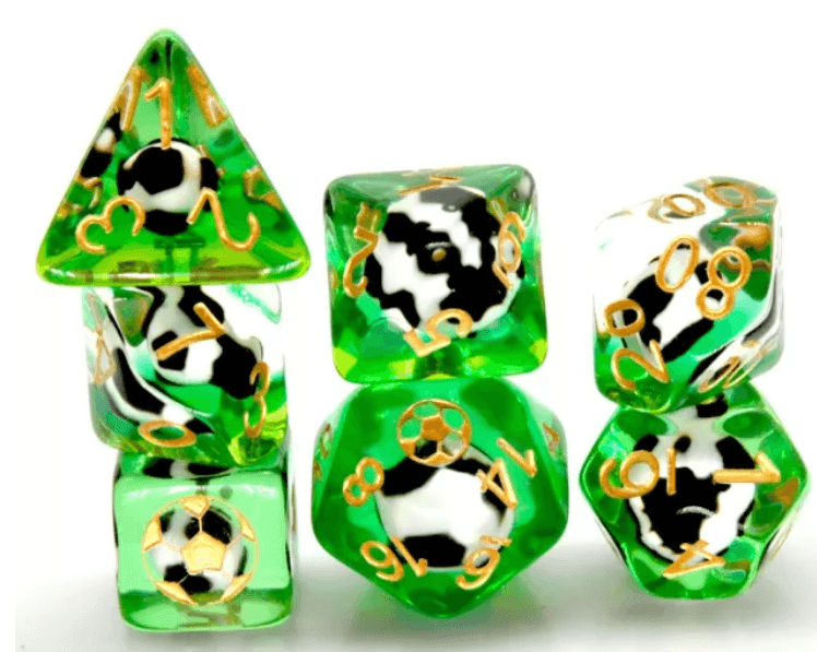 Football Themed 7-Dice Set Green w/ Soccer Ball Inside w/Gold Dnd Dice -