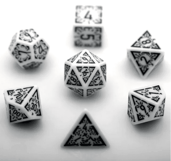 Arcane Obsidian Glyph Polyhedral Dice Set | 7-Dice White & Black -