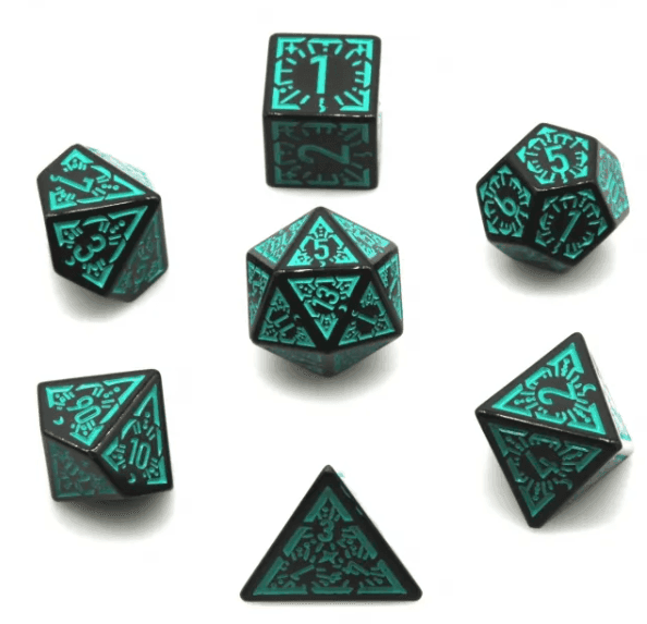 Arcane Teal Glyph Polyhedral Dice Set | 7-Dice Black & Teal -