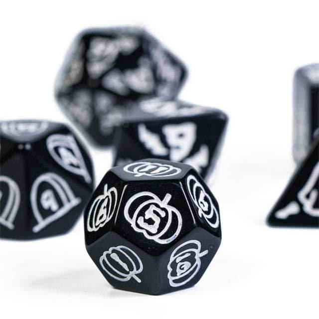 Halloween Black w/White | Pumpkin/Ghost/Bat/Cauldron 7-Dice Set DND -