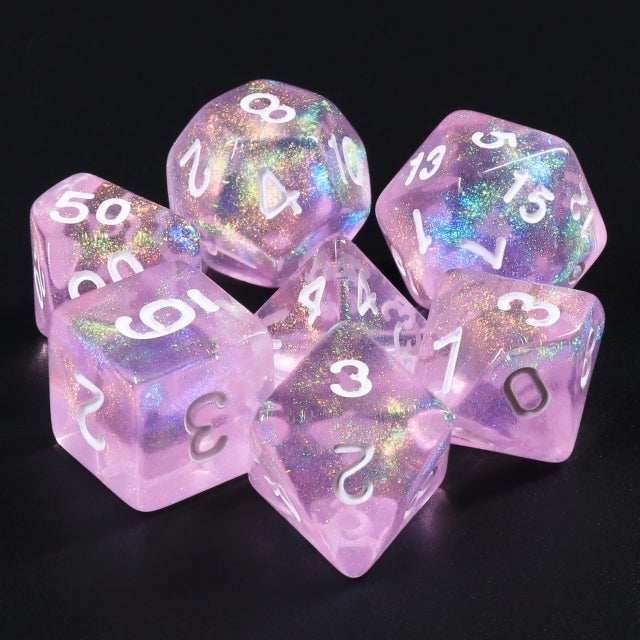 Candy Luxury (formerly Barbie Pink) Glitter with White Numbering 7-Dice Set RPG -