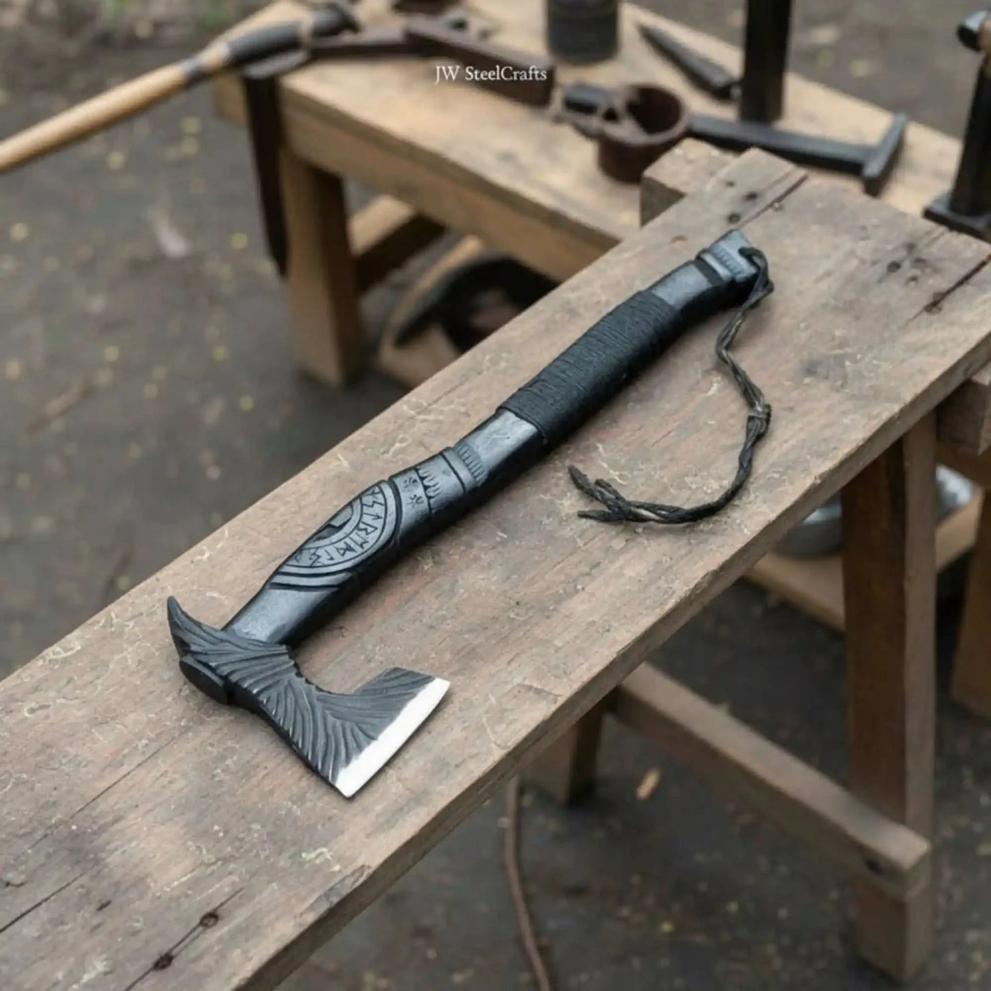 Viking-Style Hand-Carved Battle Axe | Blackened Wood Handle & Leather Sheath