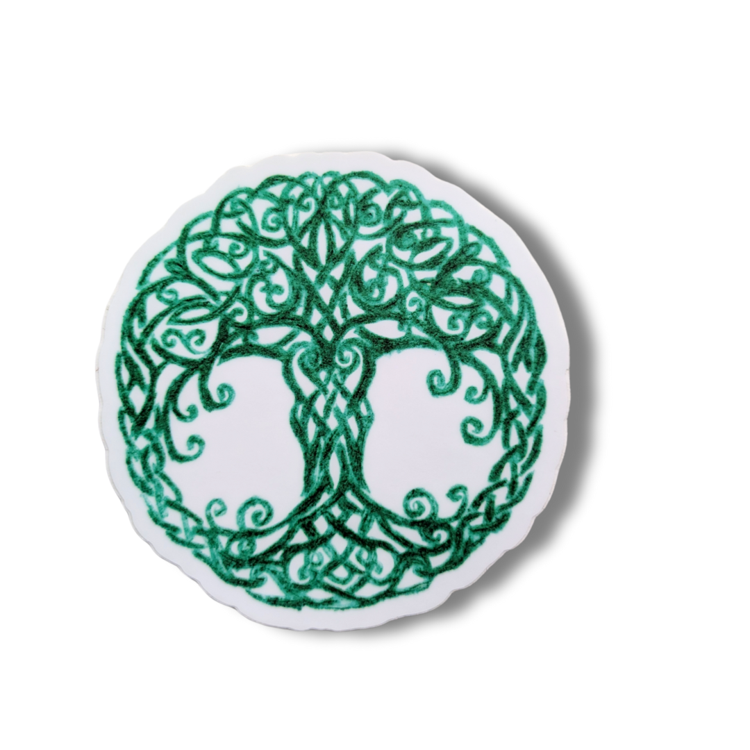 Celtic Tree of Life Vinyl Sticker - Sacred Yggdrasil Emerald Knotwork - Ancient Wisdom Cosmic Tree Decal