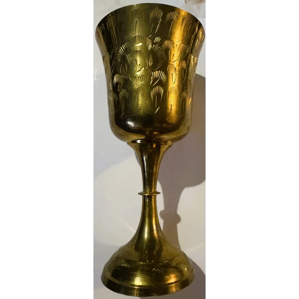 Exquisite Middle Eastern Brass Chalice with Floral Engravings