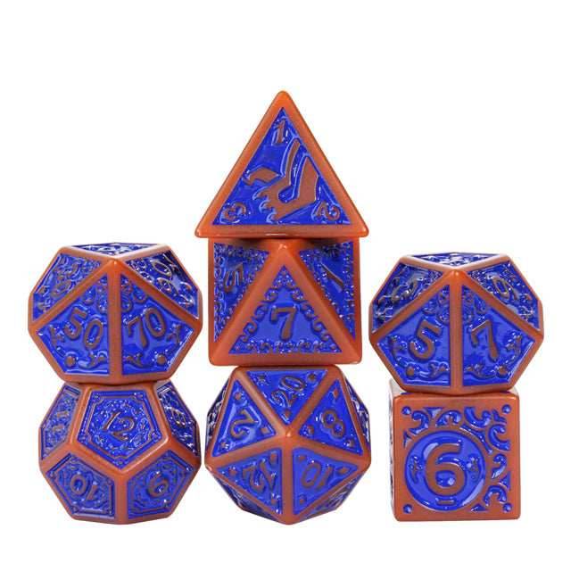 Burnt Orange with Blue Irregular Pattern Fill: 7-Piece Acrylic Dice Set -