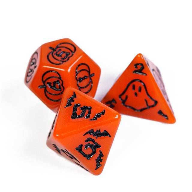 Halloween Orange w/Black | Pumpkin/Ghost/Bat/Cauldron 7-Dice Set DND -