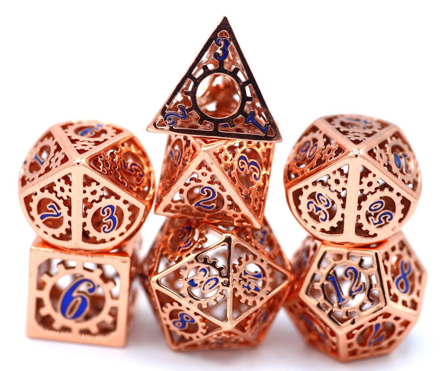 Copper with Blue Enamel Hollow Metal Gears of Providence Polyhedral Dice Set -