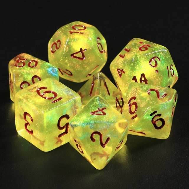 Lemon Yellow Glitter with Red Numbering 7-Dice Set RPG -