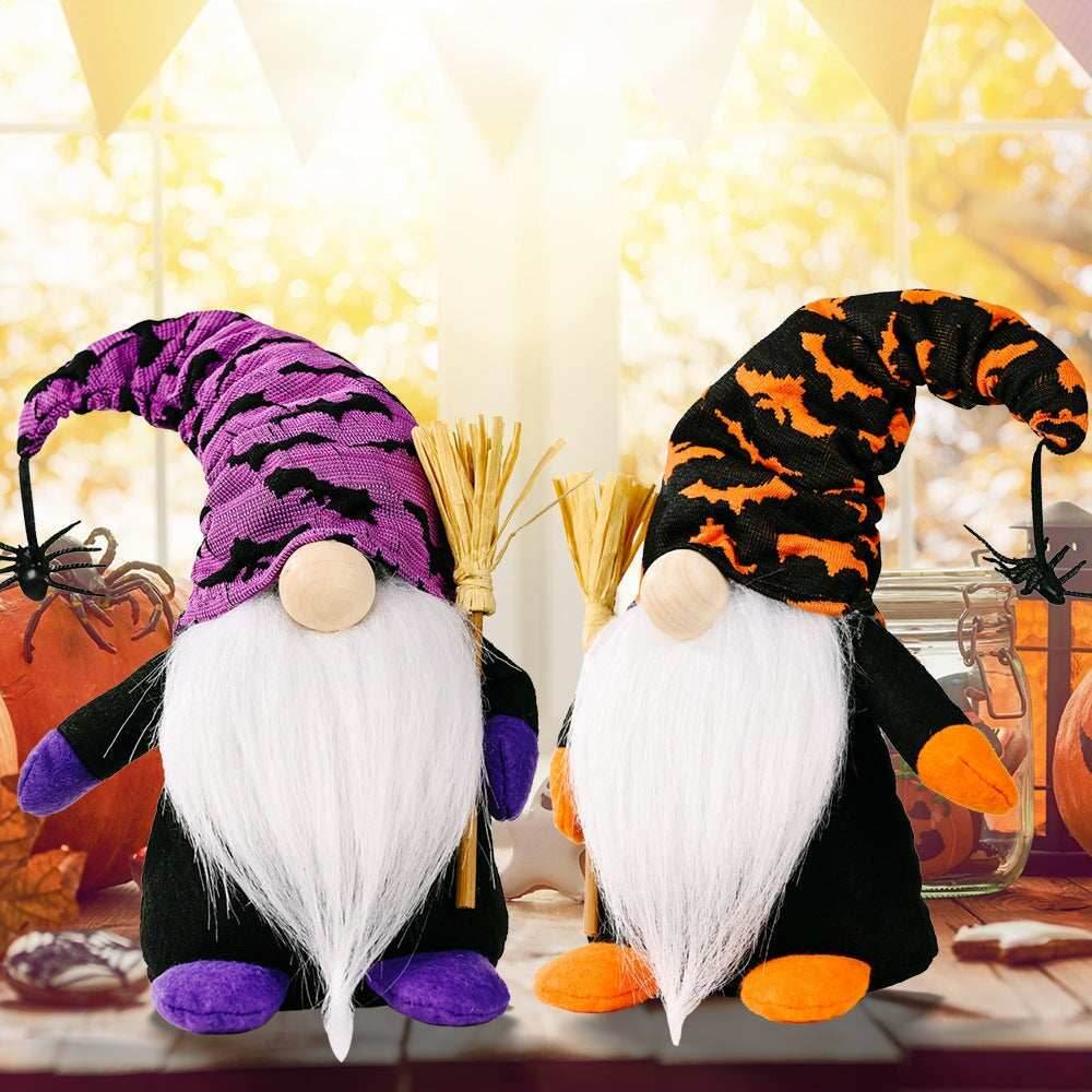 Halloween Gnome Set with Bat and Spider Accents, Orange and Purple Individual Gnomes Holding Broom - Set of Two