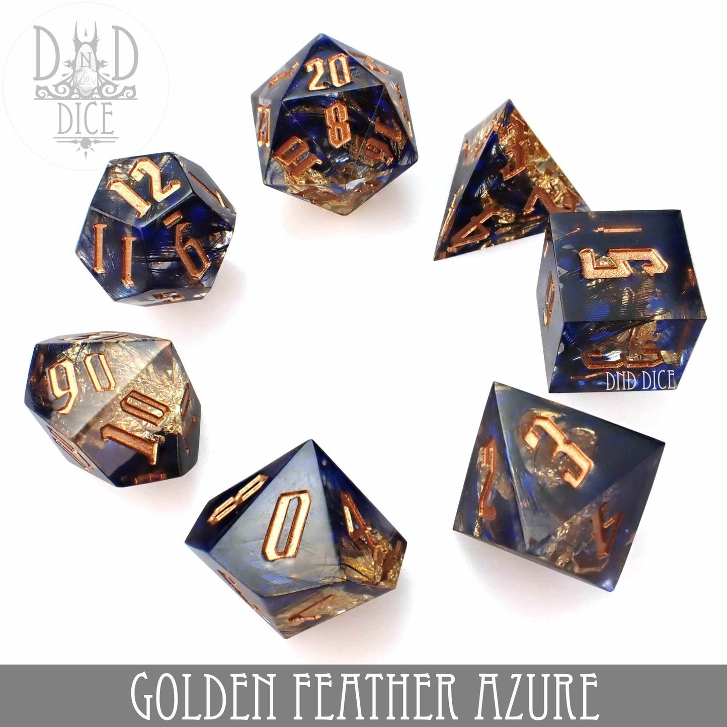 Golden Feather Azure Handmade Dice Set -