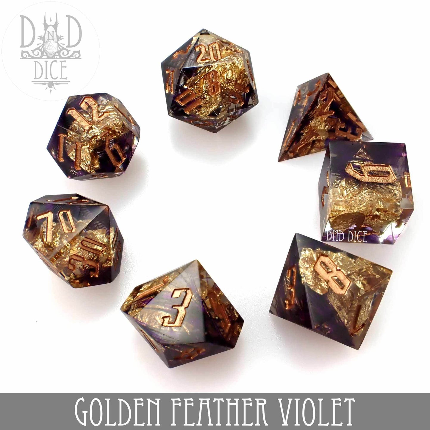 Golden Feather Violet Handmade Dice Set -