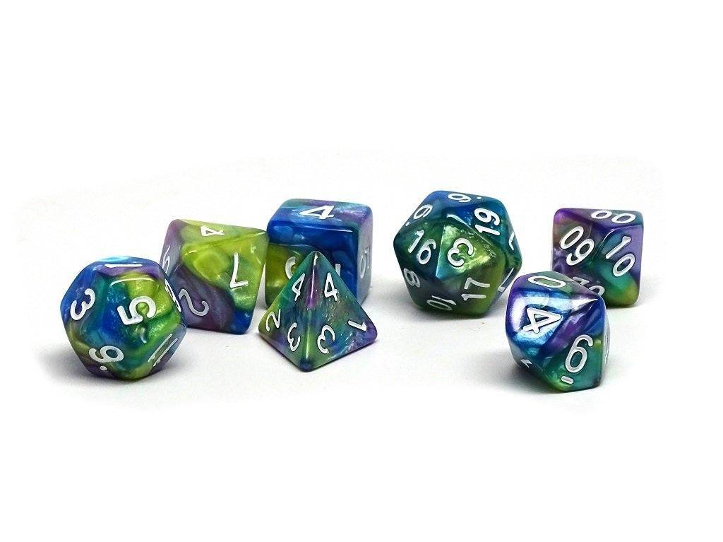 Green, Purple, and Blue Marble Dice Collection - 7 Piece Set -
