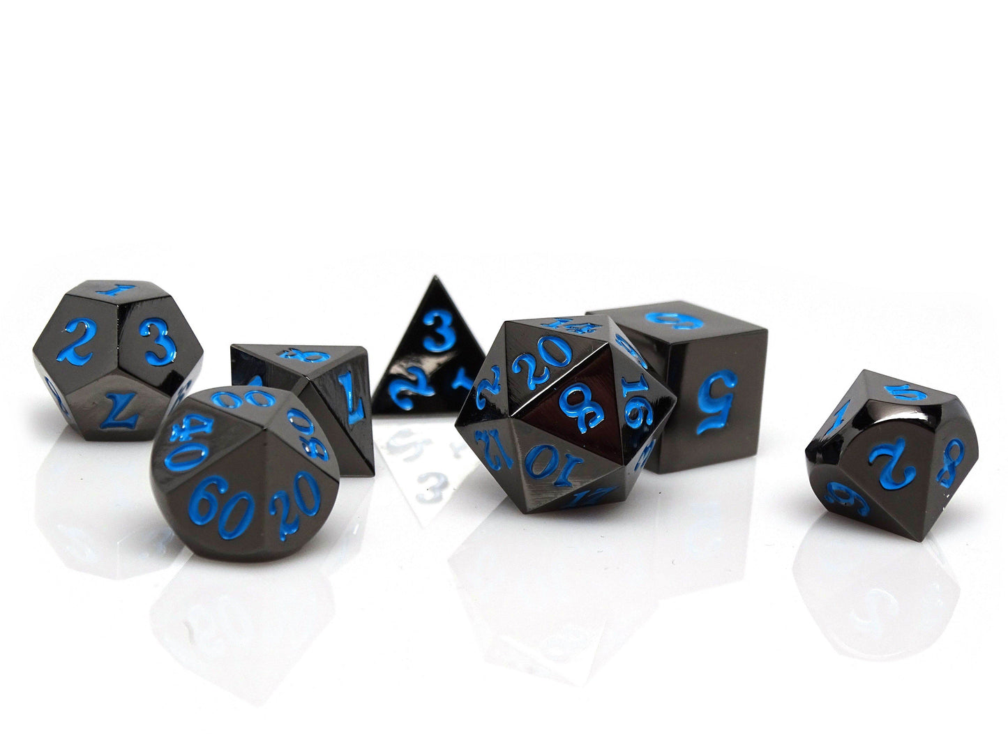 Gun Metal 7 Piece Dice Set - Signature Font - Powder Blue -