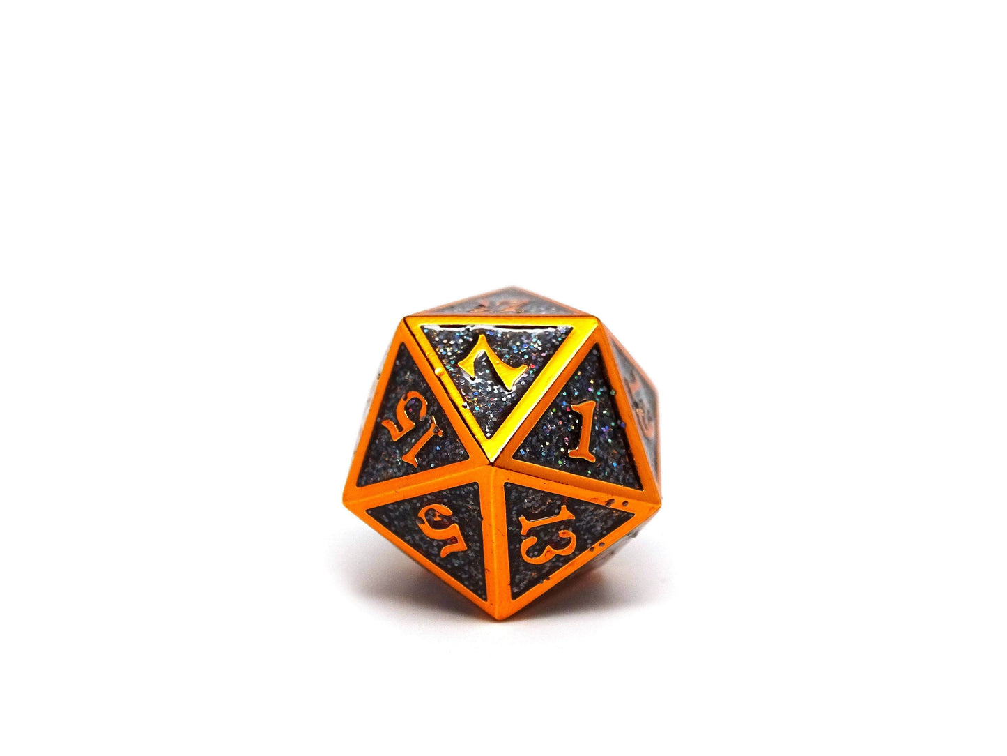 Heroic Dice of Metallic Luster - Single D20 Dice - Black with Orange Font -