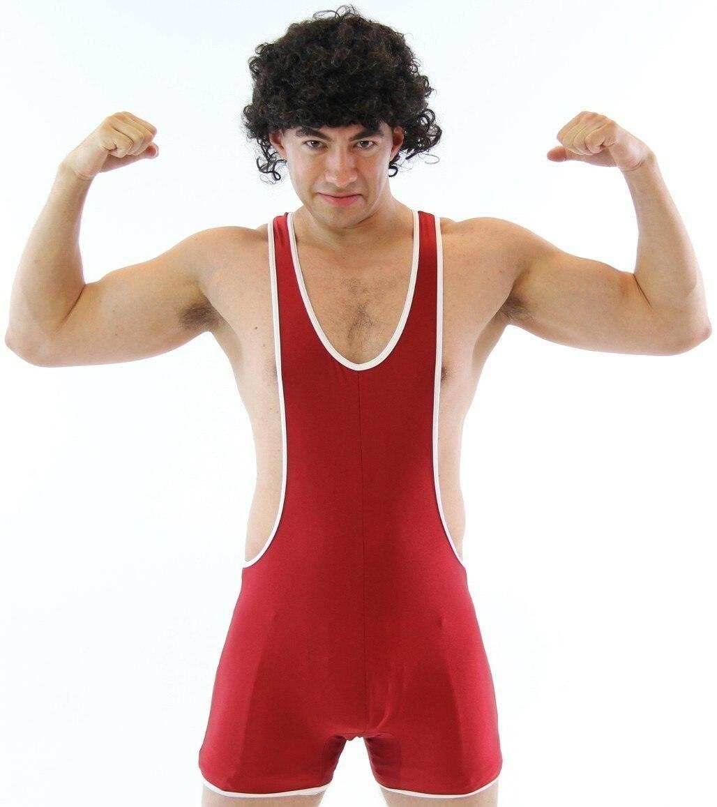 High School Gym Wrestling Team Wrestler Uniform Costume Singlet & Wig - S/M