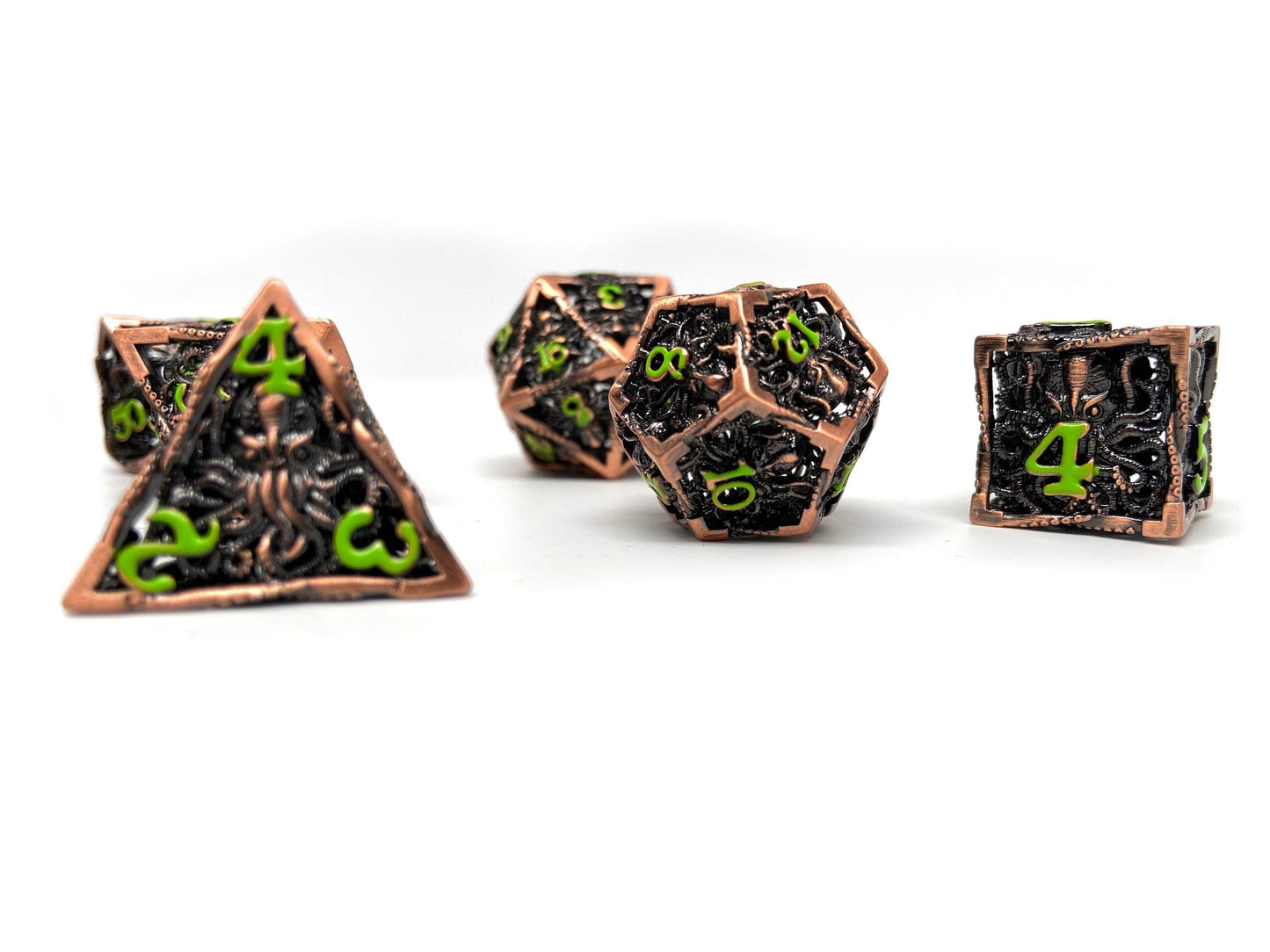 Hollow Metal Copper Cthulhu Dice Set - Green Numbering -