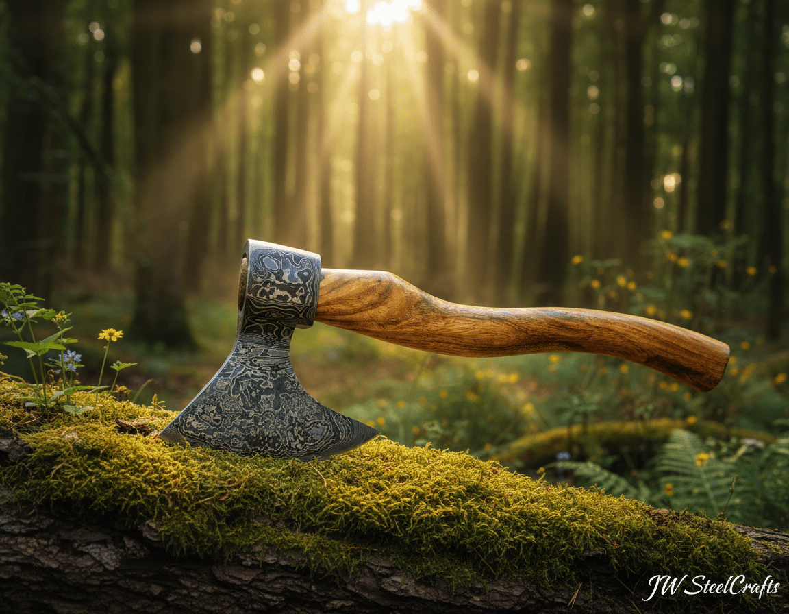 Hand Engraved Norse Viking Bearded Axe with Damascus Steel Blade and Carved Hardwood Handle | JW SteelCrafts