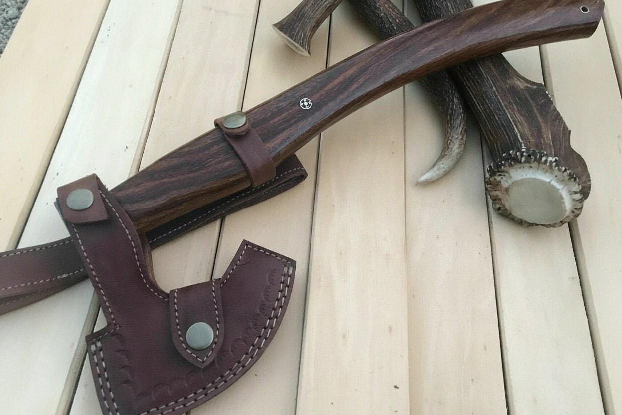 Damascus Camping Axe with Curved Rosewood Handle – Hand Forged Bushcraft Axe with Leather Sheath | JW SteelCrafts
