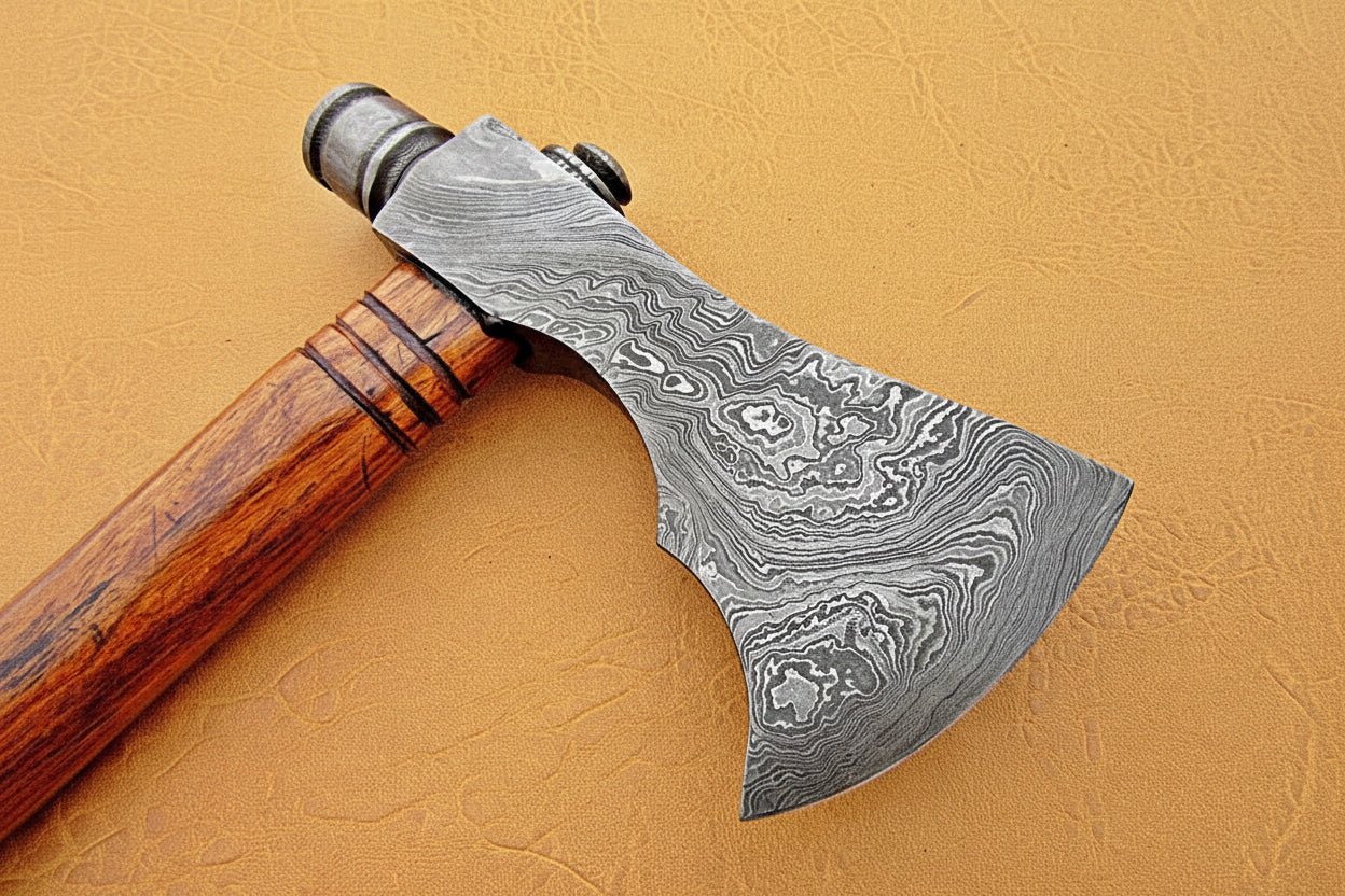Damascus Smoking Axe with Leather Sheath and Ringed Rosewood Handle