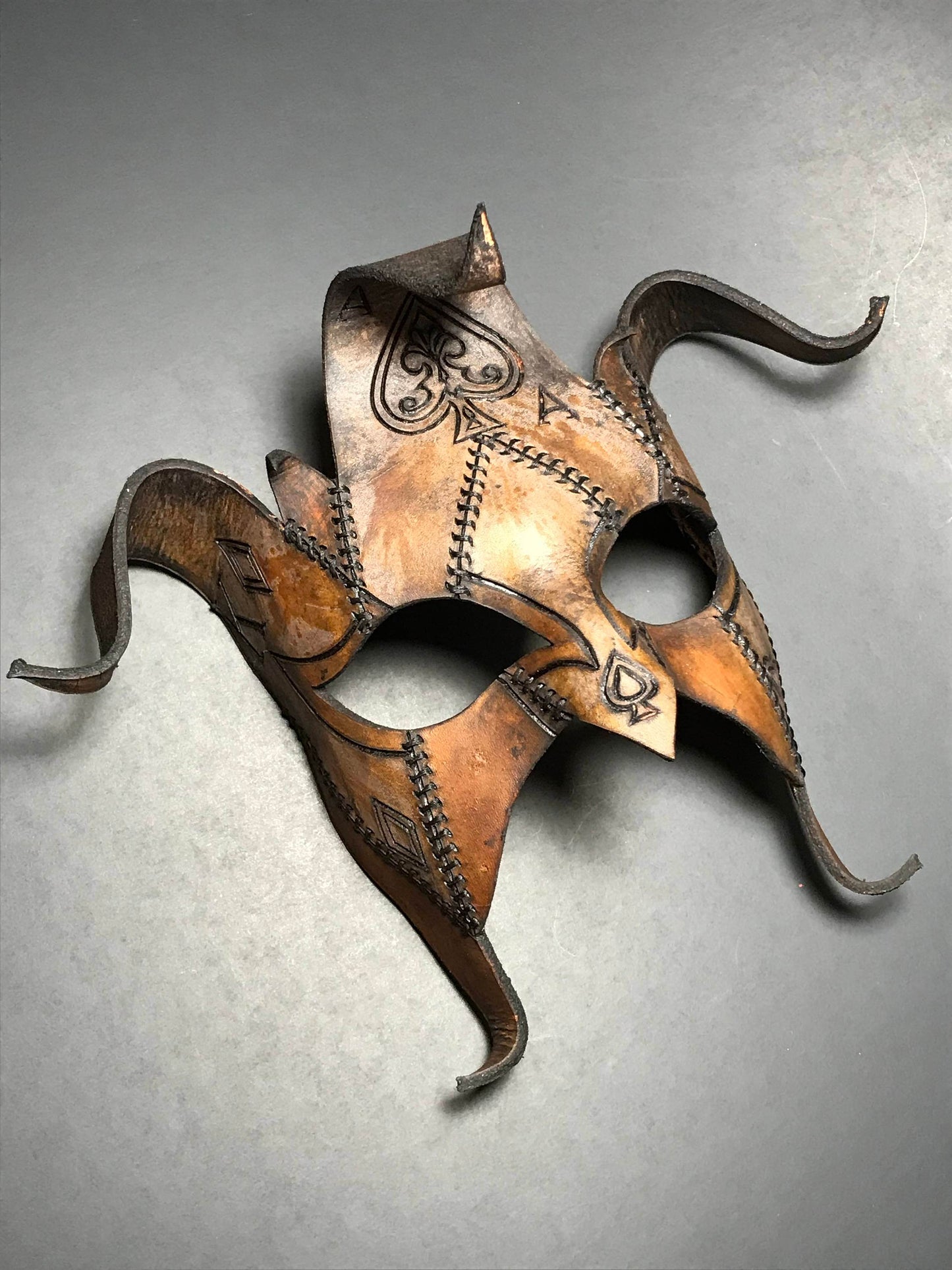 The Joker's Card- Joker Jester Handmade Genuine Leather Mask in Dyed Leather -