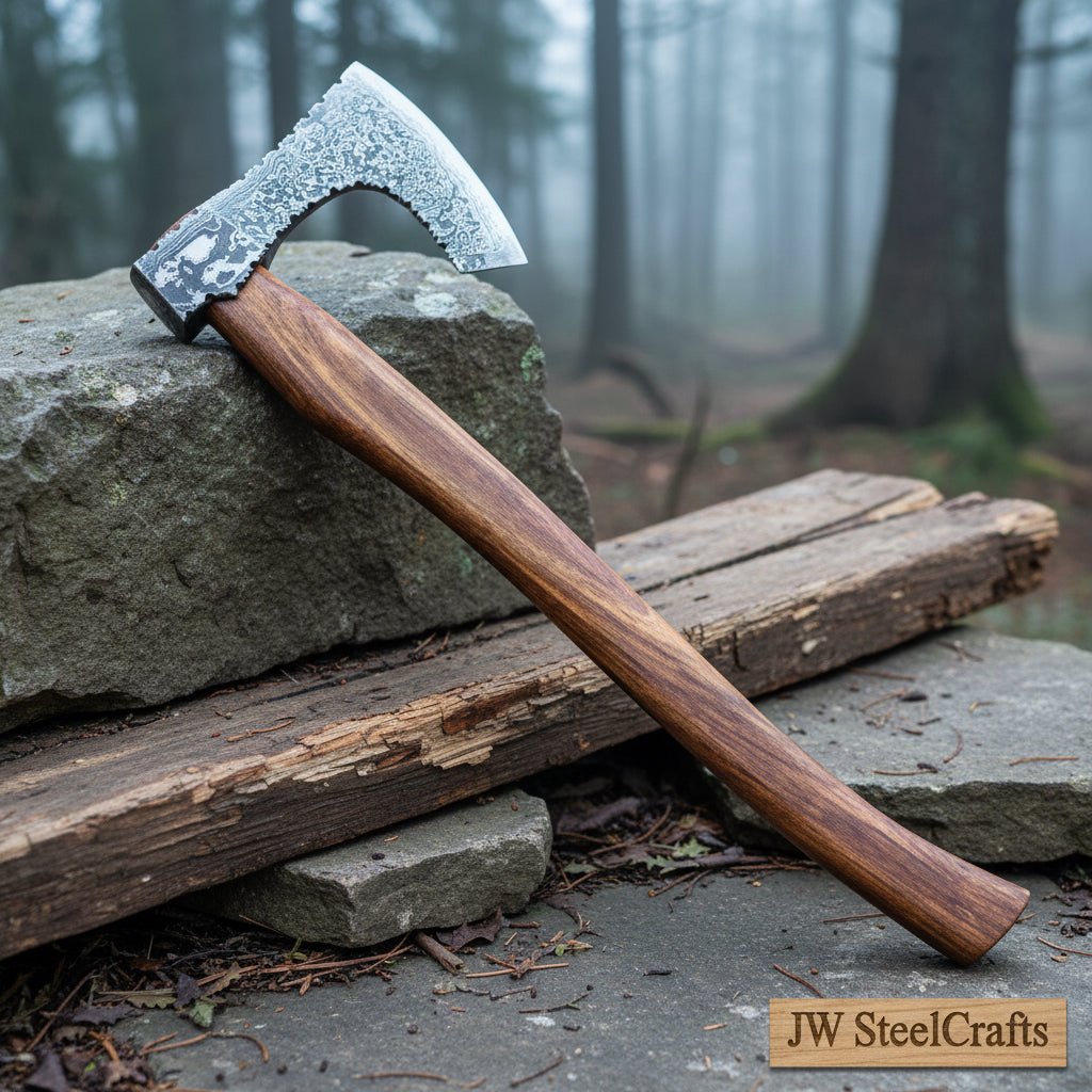 Handmade Damascus Steel Bearded Viking Axe with Hardwood Handle – Custom Forged Norse Camp Axe | JW SteelCrafts