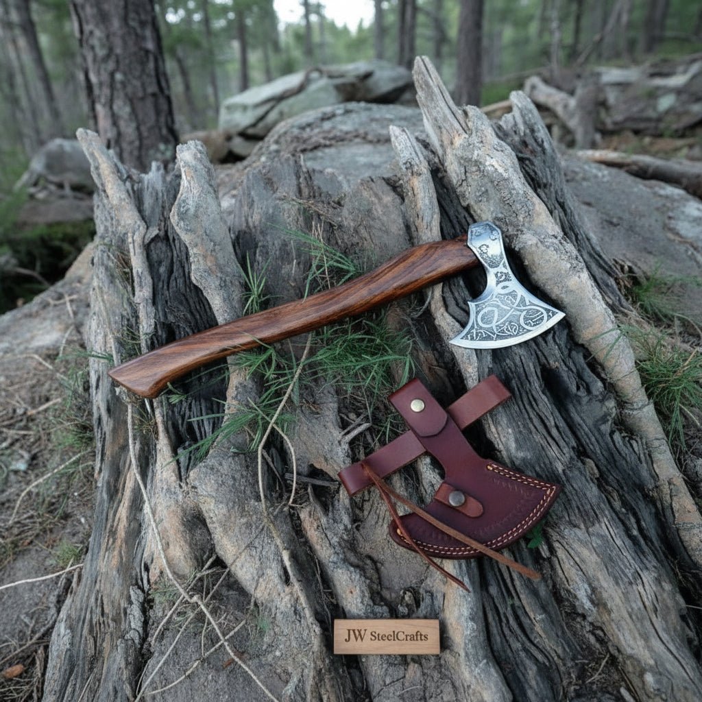 Carbon Steel Viking Bearded Axe – Hand Engraved Norse Skeggøx with Hardwood Handle, Functional Bushcraft and Camping Hatchet | JW SteelCrafts