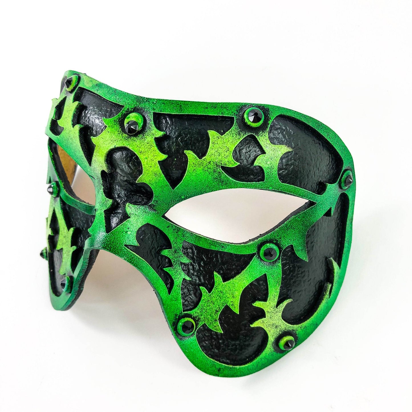 Dual Layer Handmade Genuine Leather Mask in Green and Black with Swarovski Crystals -