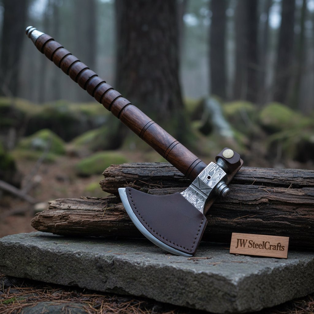 Hand Forged Damascus Smoking Axe with Ringed Hardwood Handle and Leather Sheath | JW SteelCrafts