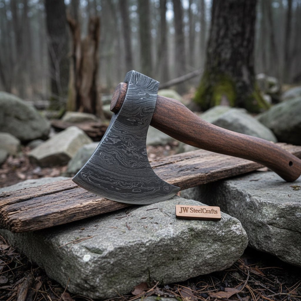 Handmade Damascus Steel Tomahawk Axe – Hand Forged Bearded Hatchet with Curved Hardwood Handle for Camping and Bushcraft | JW SteelCrafts