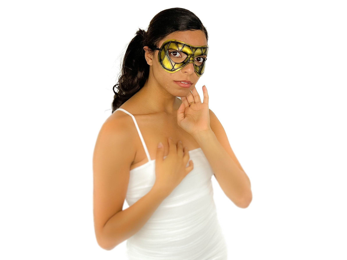 Compact Harlequin Handmade Genuine Leather Mask in Gold -