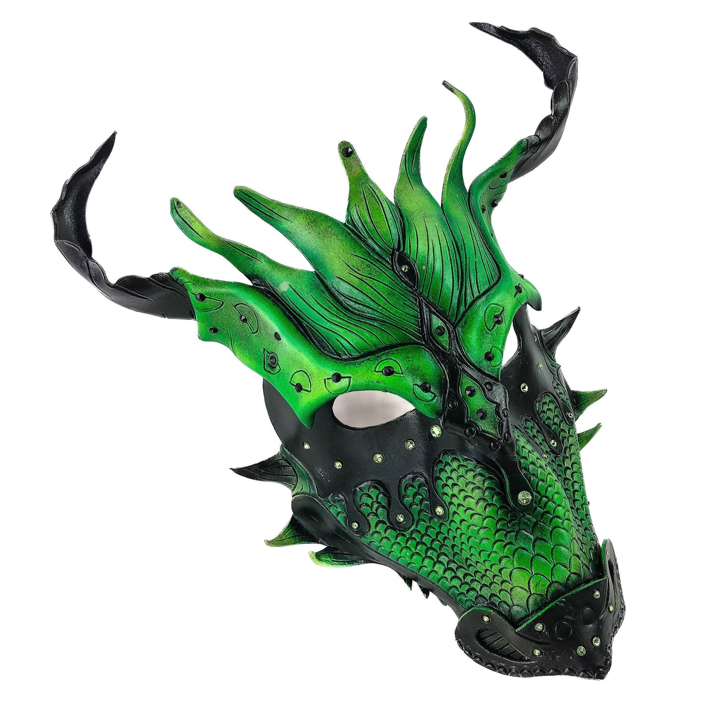Green Ancient Dragon Leather Mask with Swarovski Crystals -