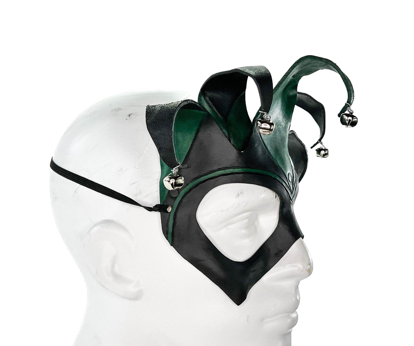 Handmade Genuine Leather Five Point Jester Mask in Green and Black -