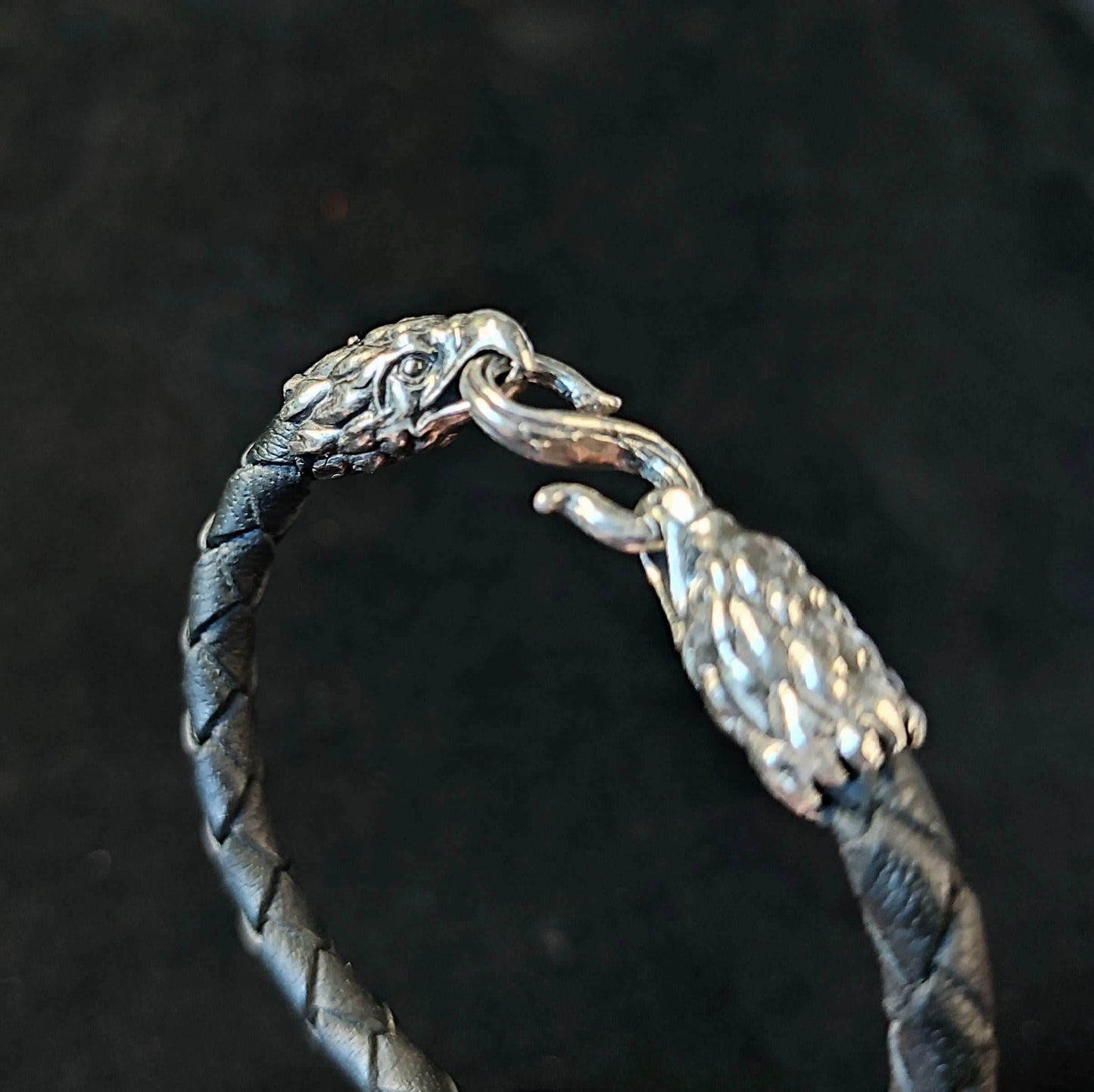 Silver Eagle's Heads Leather Black Braided Bracelet - S - 6.7' (17.0 cm)