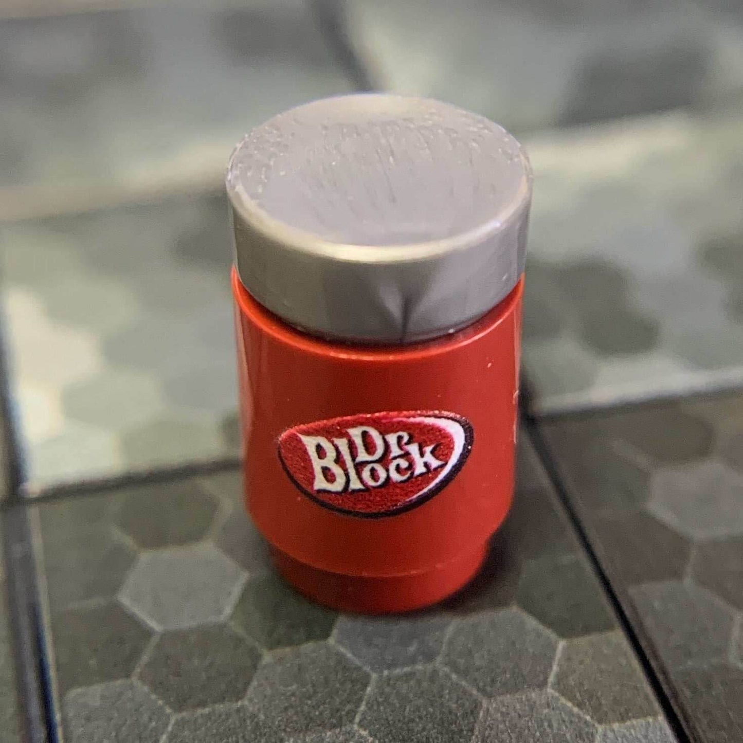 Custom Printed Dr. Block Soda Can made using LEGO parts -