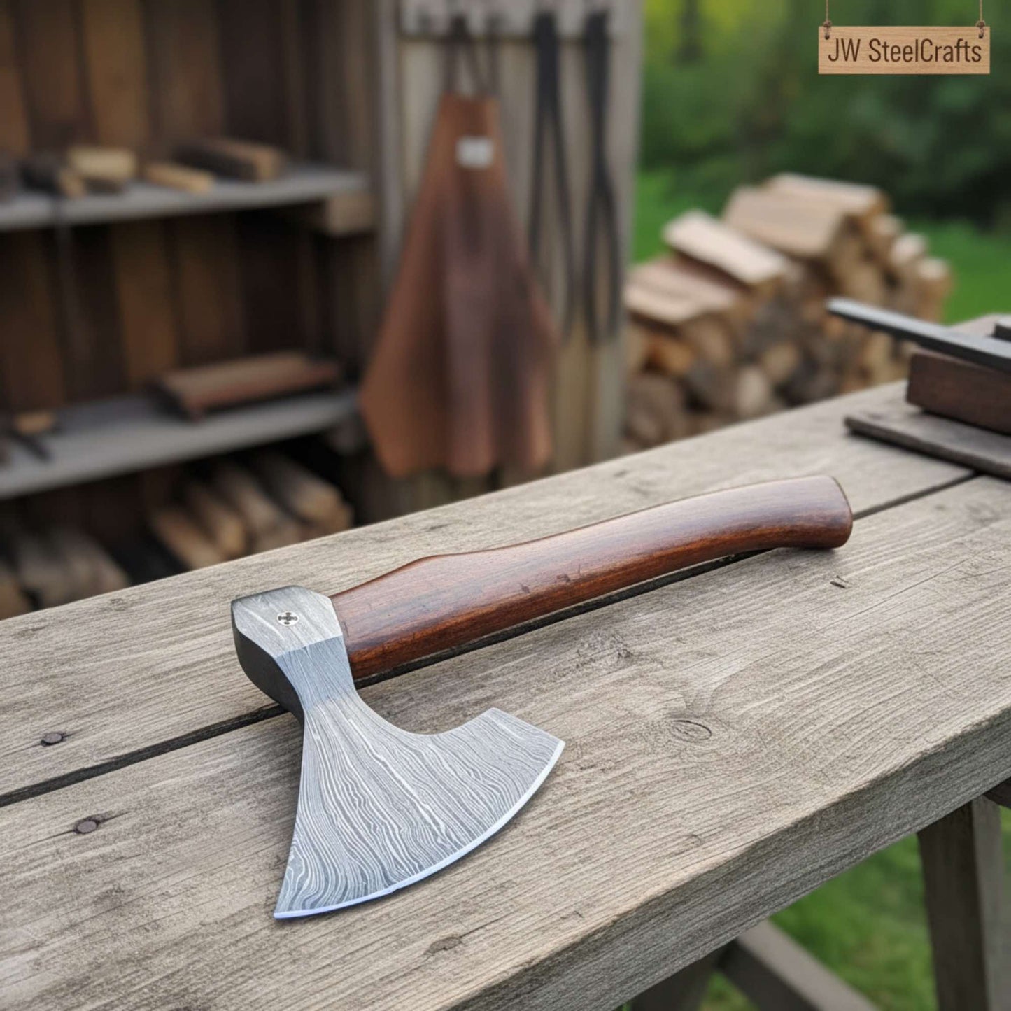 Field Ready Camping Axe, Artisan Pattern Steel Blade, Balanced Wood Handle