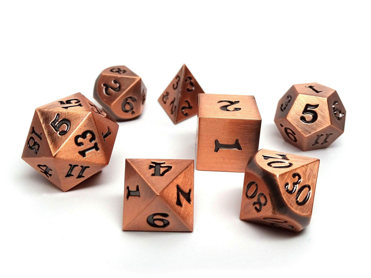 Legendary Copper 7 Piece Metal Dice Set - Black Signature Font -