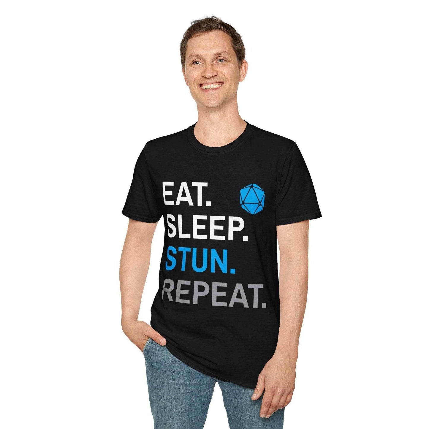 Monk Class T-Shirt – 'Eat, Sleep, Stun, Repeat' - Navy / S