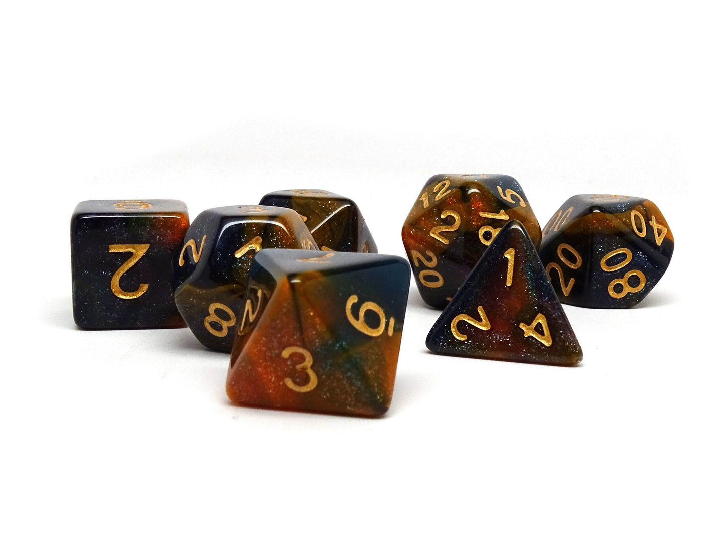 Orange and Blue Marble Dice Collection - 7 Piece Set -