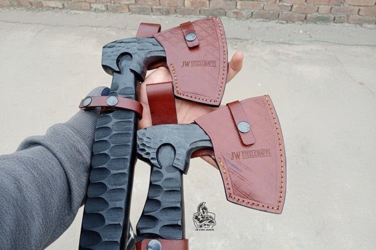 Forged Tool Axe Duo – Textured Steel Heads with Sculpted Hardwood Handles and Leather Sheaths