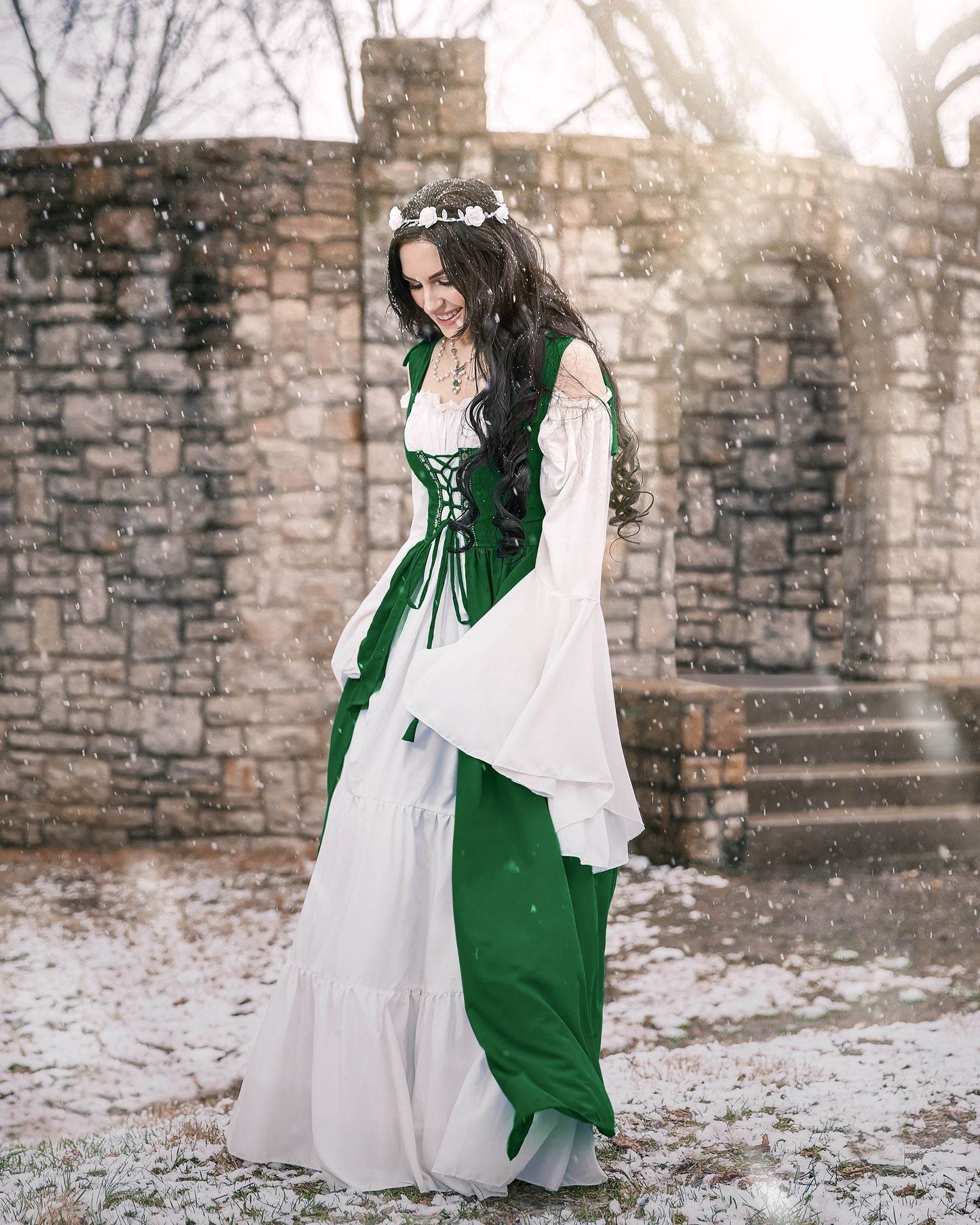 Renaissance Faire 2 piece Full Costume Irish Dress & Long-Sleeved Chemise - XXS/XS / Hunter Green