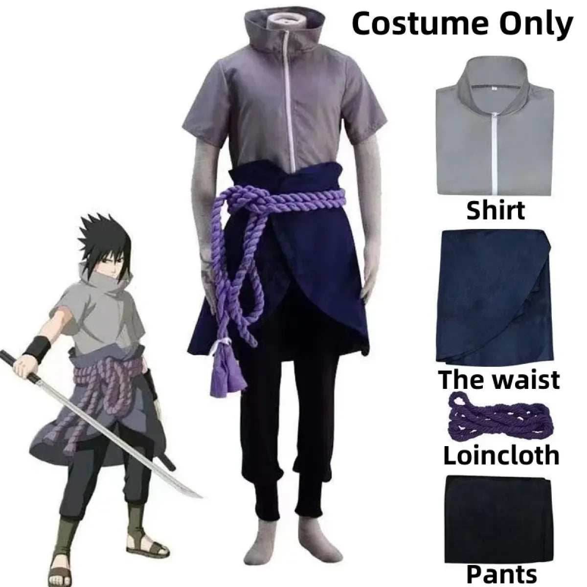 Sasuke Uchiha Cosplay Costume – Naruto Shippuden Outfit with Rope - S / Costume Only