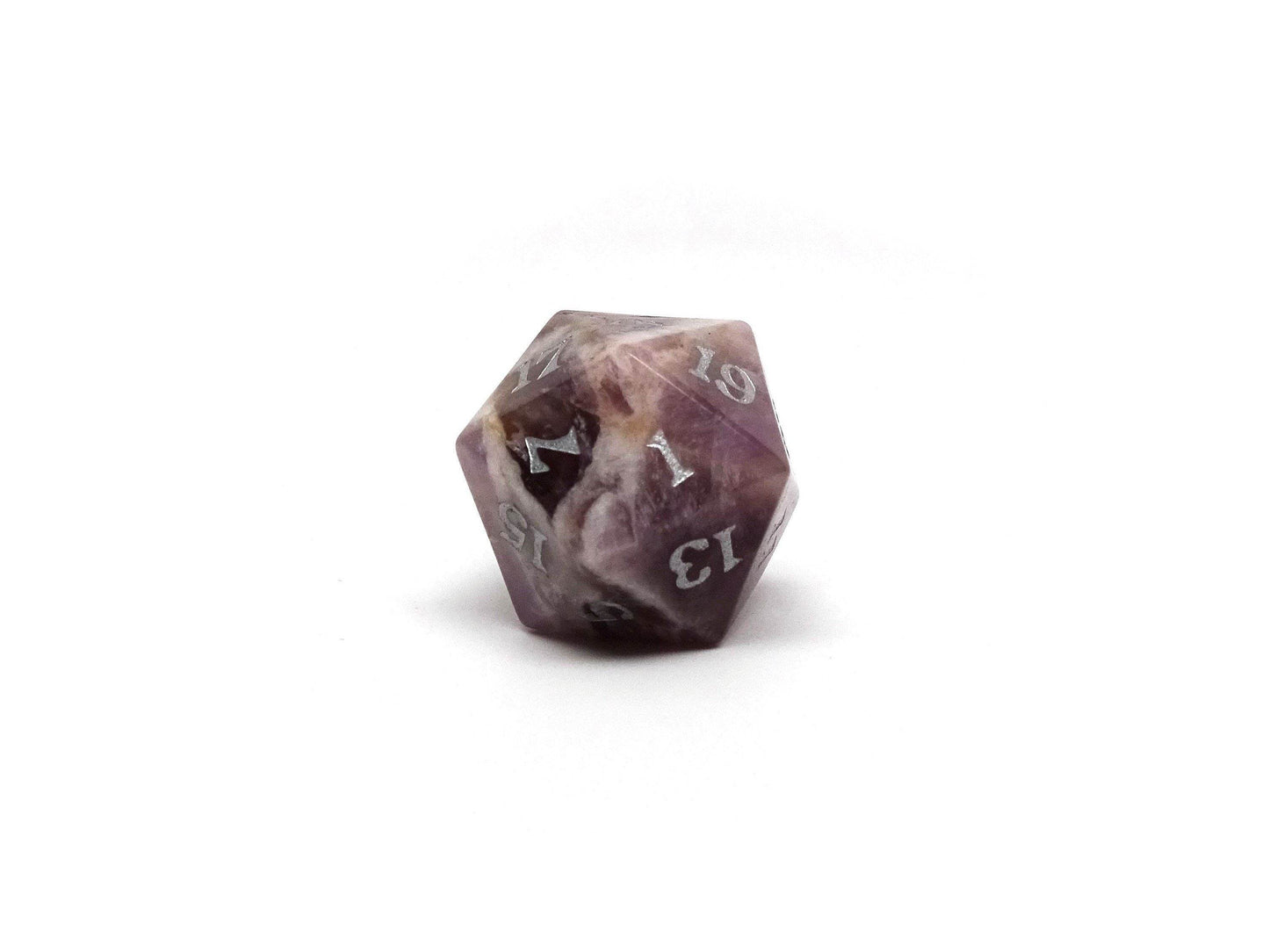 Stone D20 Dice - Amethyst - Signature Font -