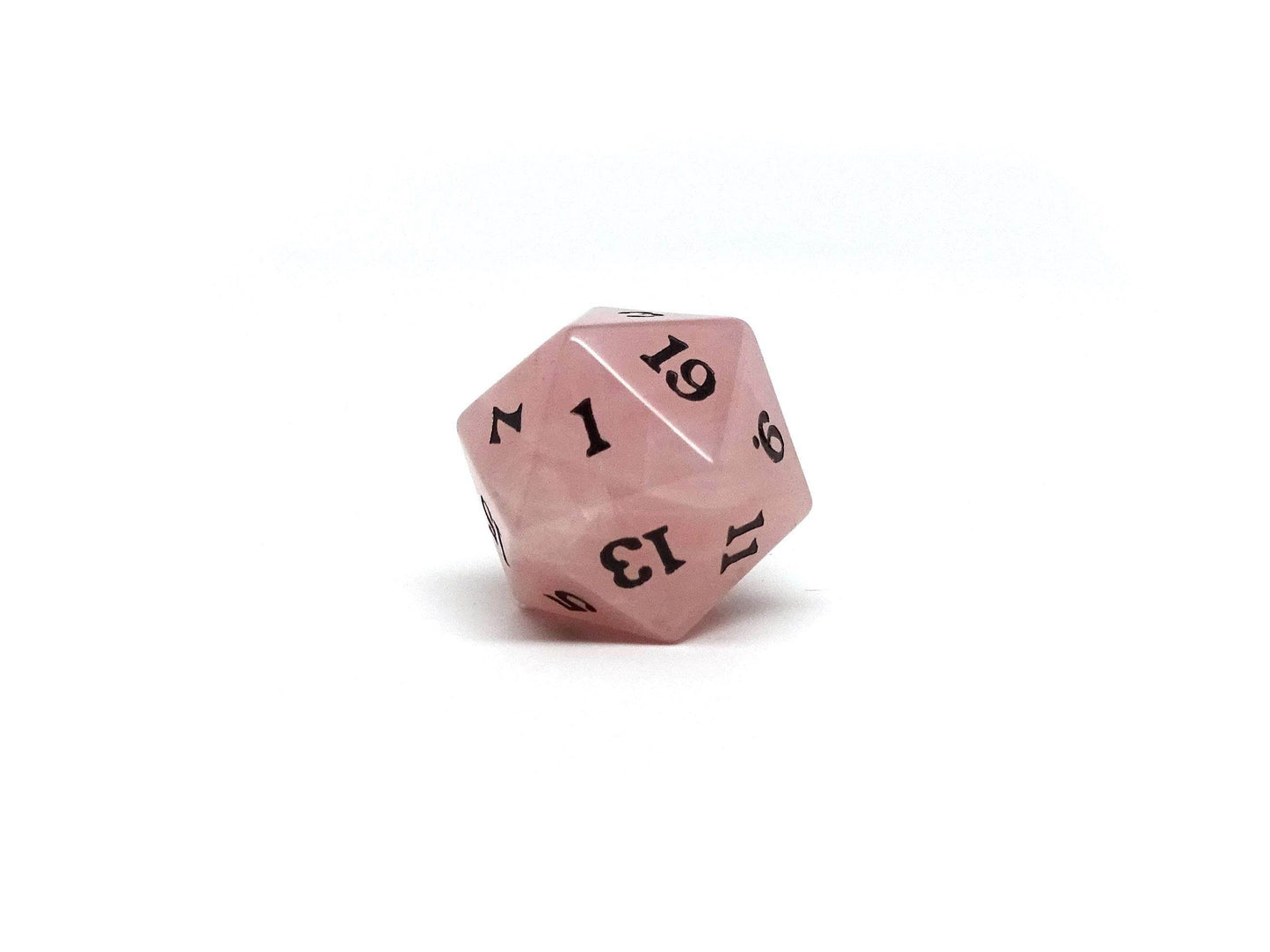 Stone D20 Dice - Rose Quartz - Signature Font -