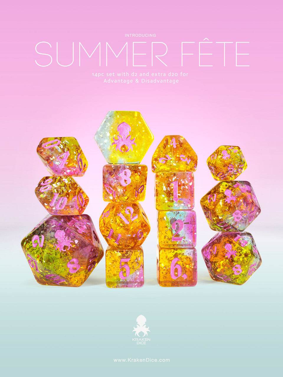 Kraken Dice Summer Fête 14pc TTRPG Dice Set with Pink Ink -