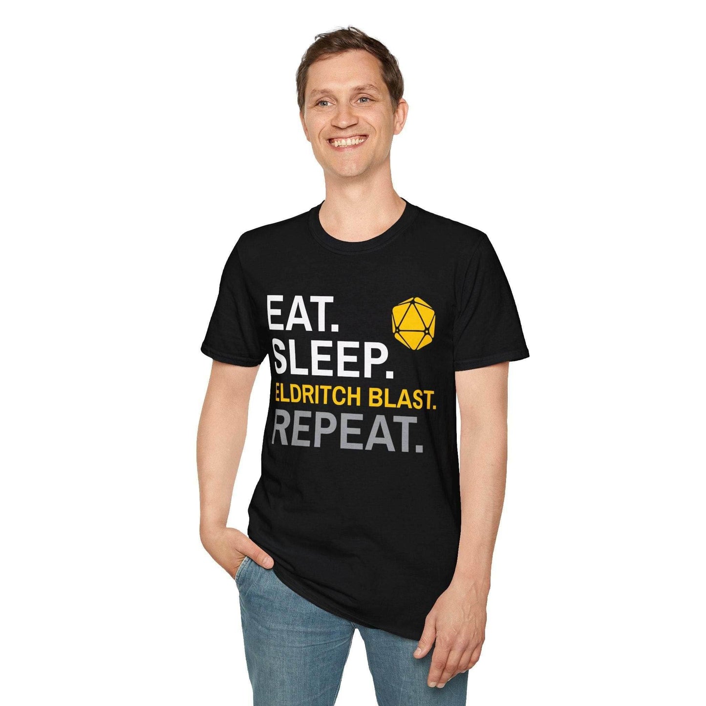 Warlock Class T-Shirt – 'Eat, Sleep, Eldritch Blast, Repeat' - Navy / S