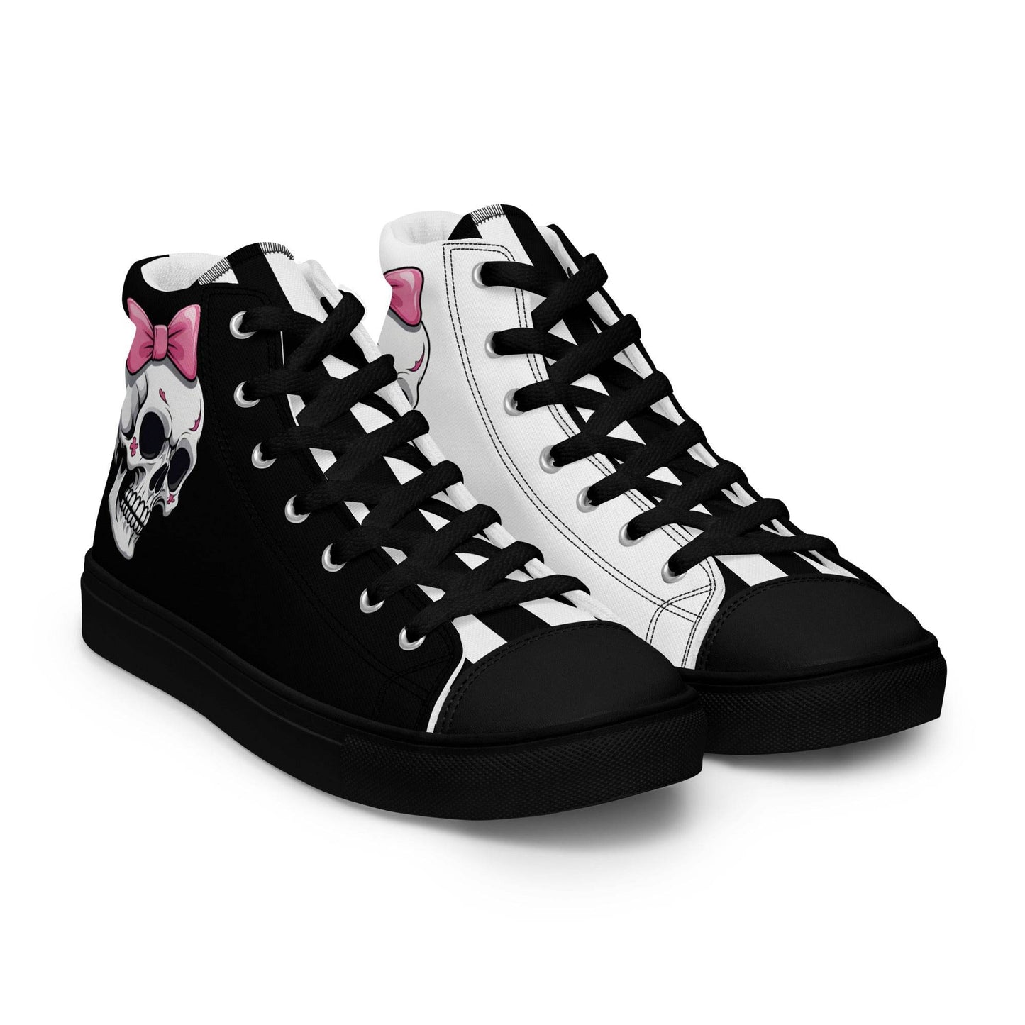 Black and White Girly Skull with Pink Bow Women’s High Top Canvas Shoes - 5