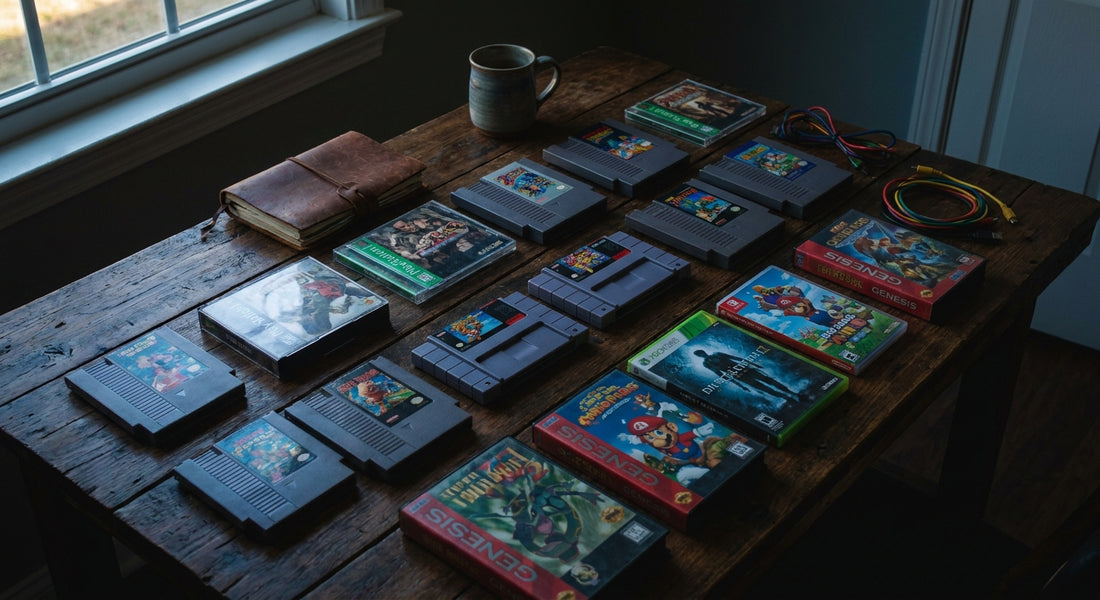 A flat lay of retro video game cartridges and modern disc cases arranged on a warm wooden surface under soft dramatic lighting, evoking the nostalgia of physical game collecting.