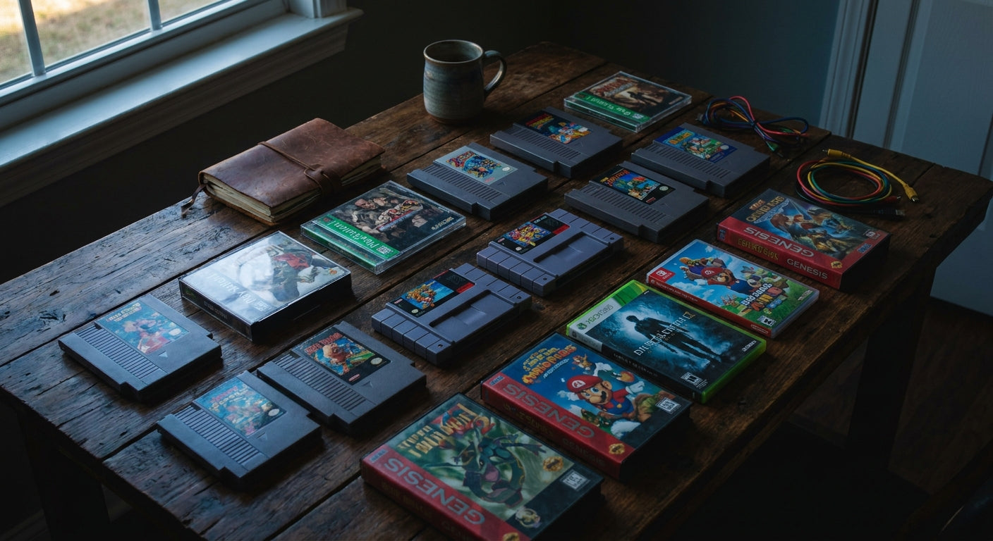 A flat lay of retro video game cartridges and modern disc cases arranged on a warm wooden surface under soft dramatic lighting, evoking the nostalgia of physical game collecting.