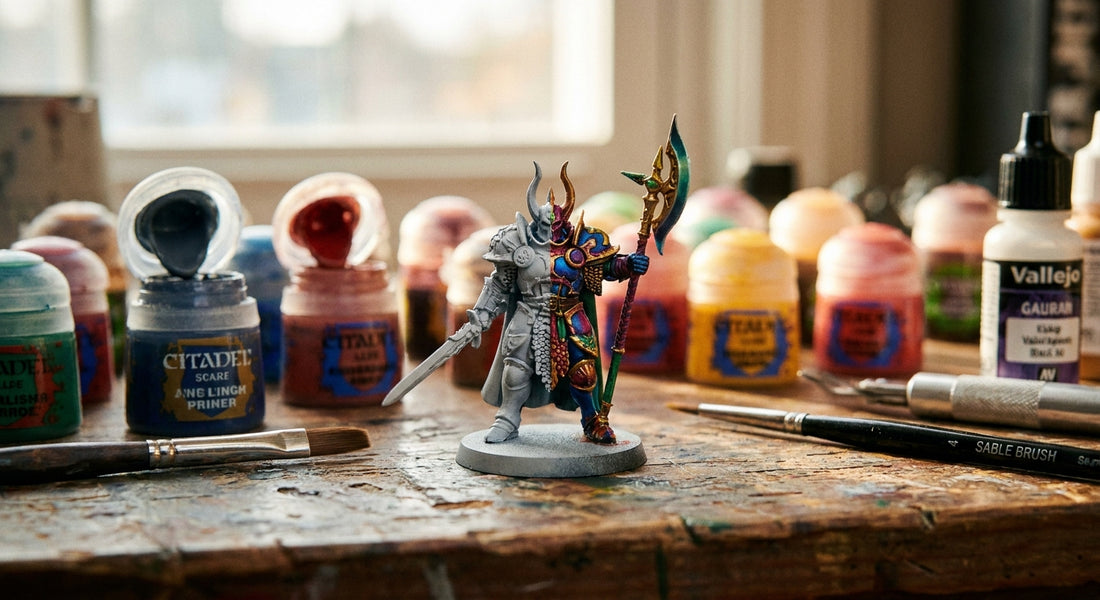 A fantasy D&D miniature being painted on a wooden hobby desk, transitioning from grey primer to vivid color, surrounded by small paint pots and a fine brush in warm natural light.